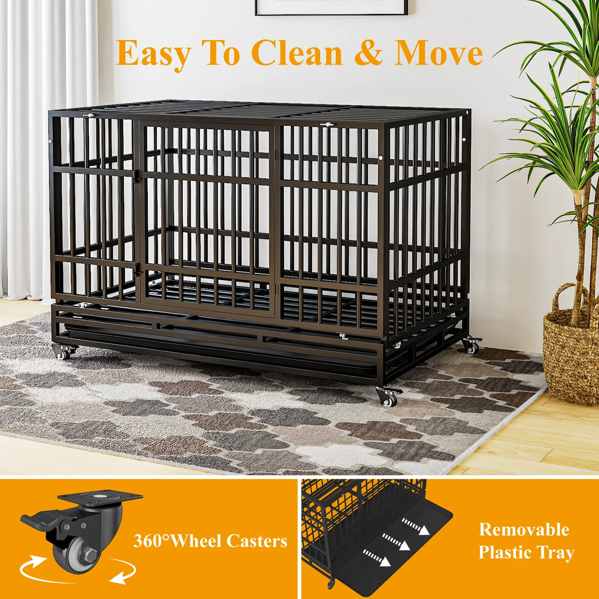 Heavy Duty Steel Dog Crate With Double Doors And Removable Tray