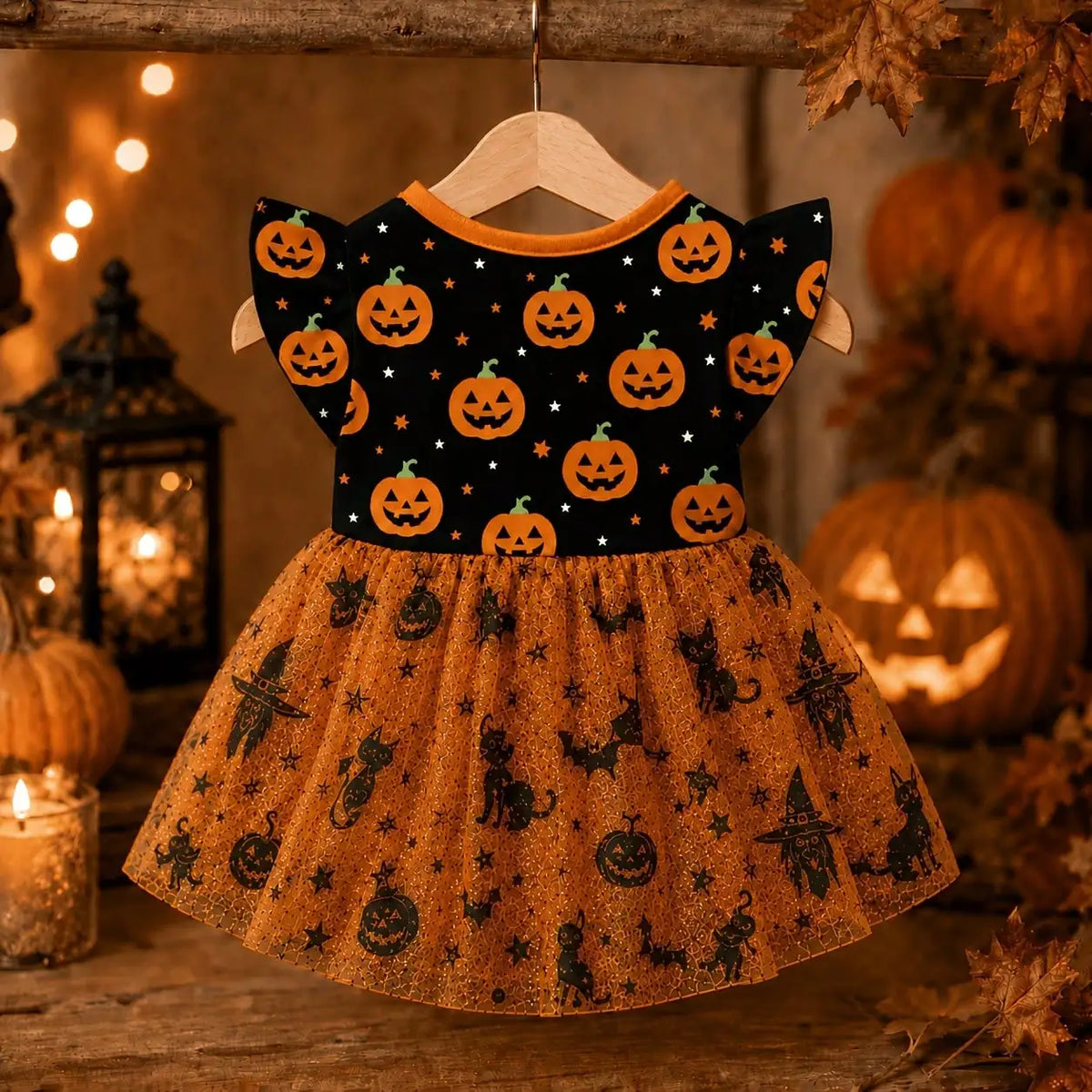 Halloween Pumpkin Print Dog Dress With Bow Breathable Pet Apparel