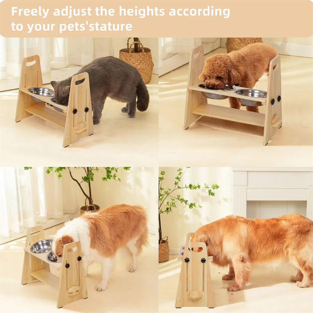 Height Adjustable Elevated Dog Bowl Stand With Stainless Steel Bowls