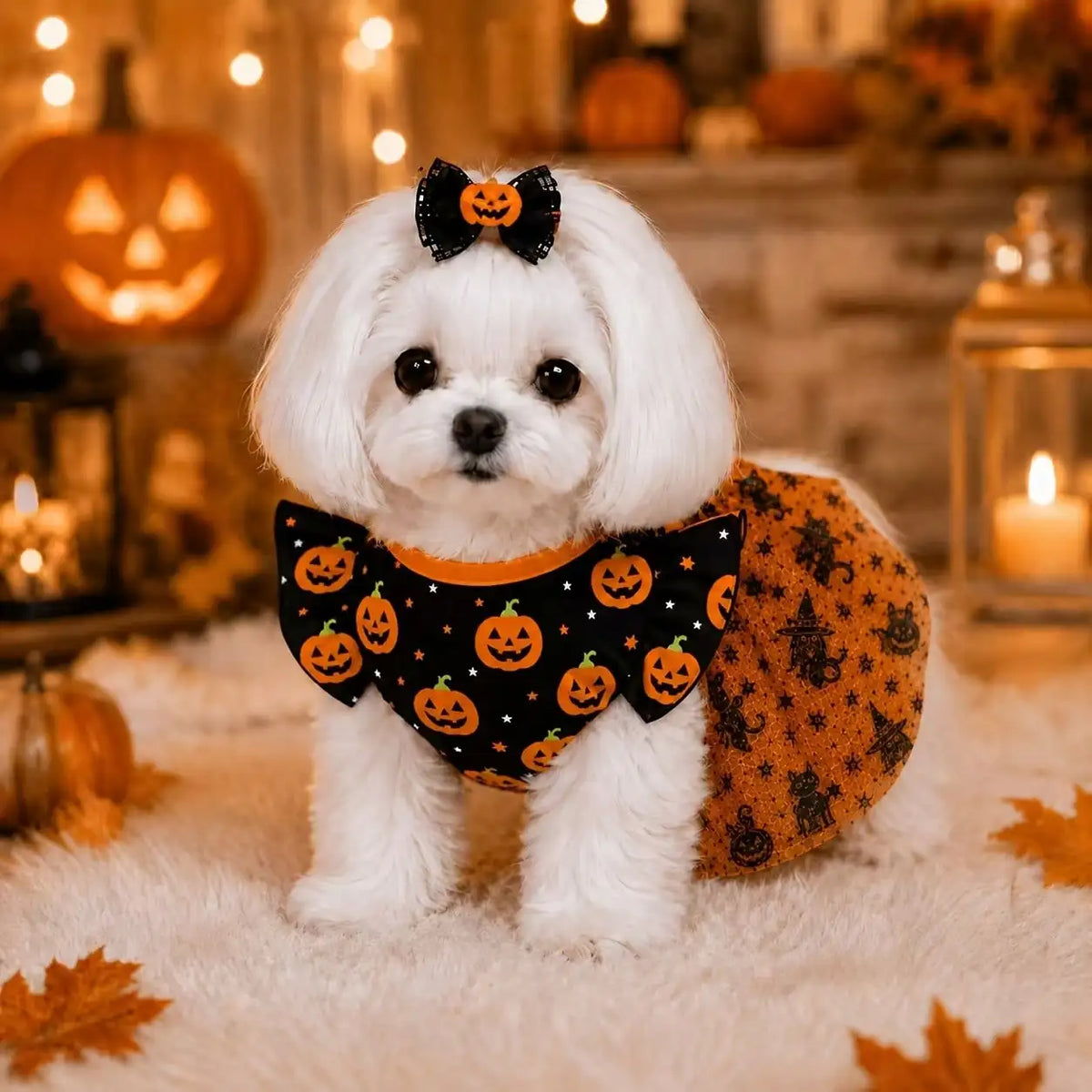 Halloween Pumpkin Print Dog Dress With Bow Breathable Pet Apparel