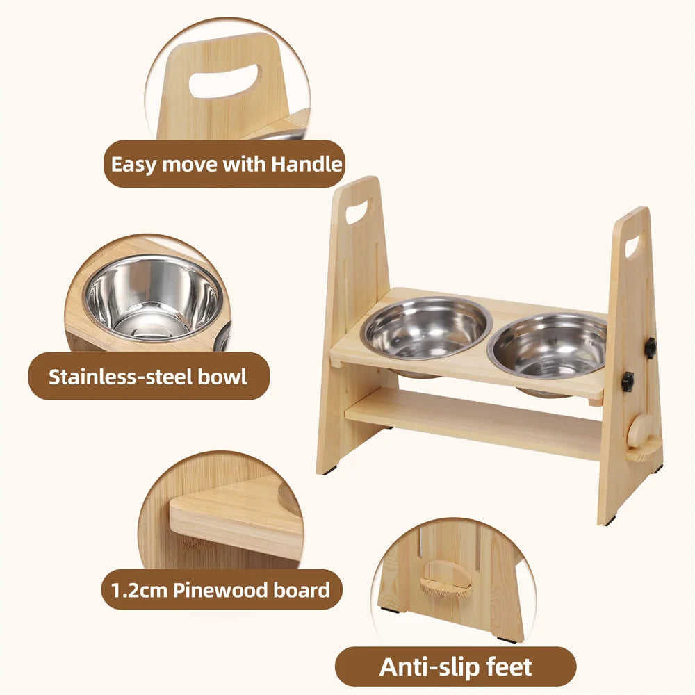 Height Adjustable Elevated Dog Bowl Stand With Stainless Steel Bowls