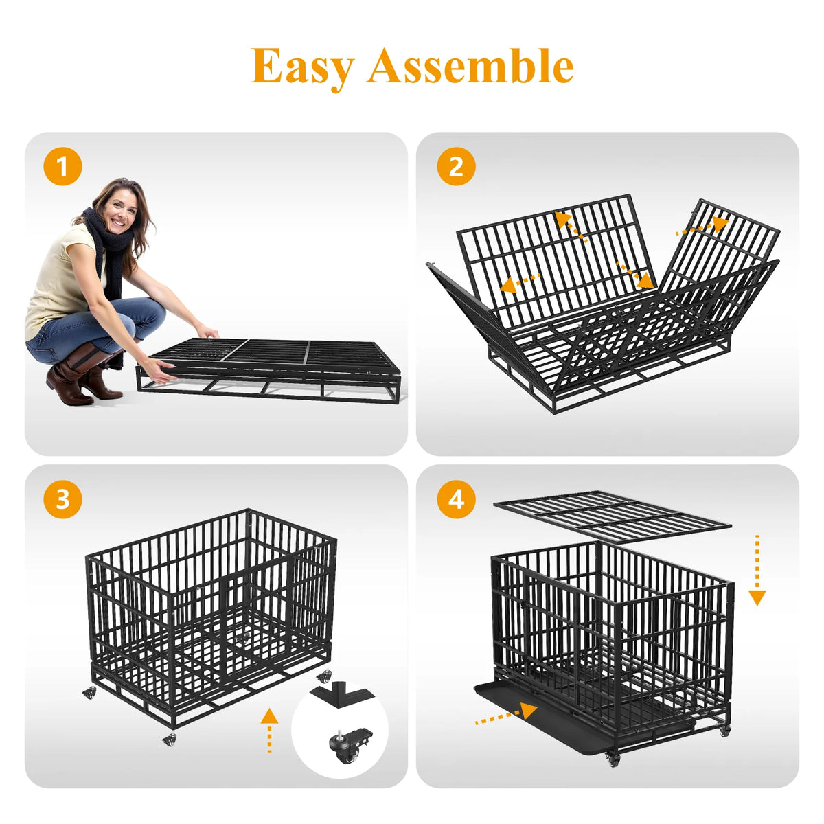 Heavy Duty Steel Dog Crate With Double Doors And Removable Tray
