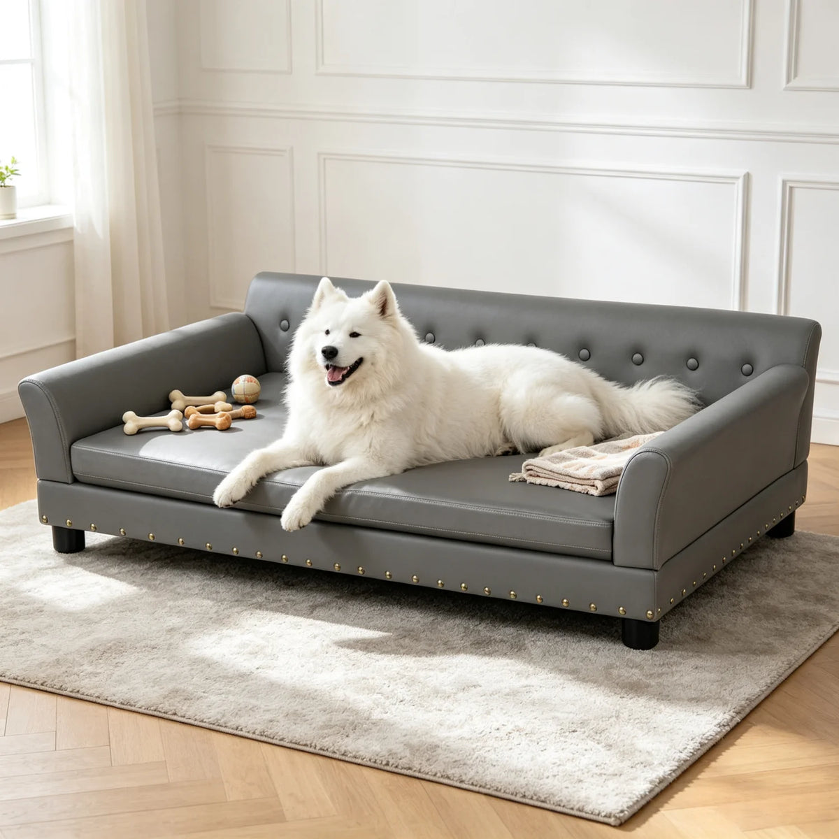 BINGOPAW Elevated Dog Sofa With Microfiber Leather Cover Removable Cushion