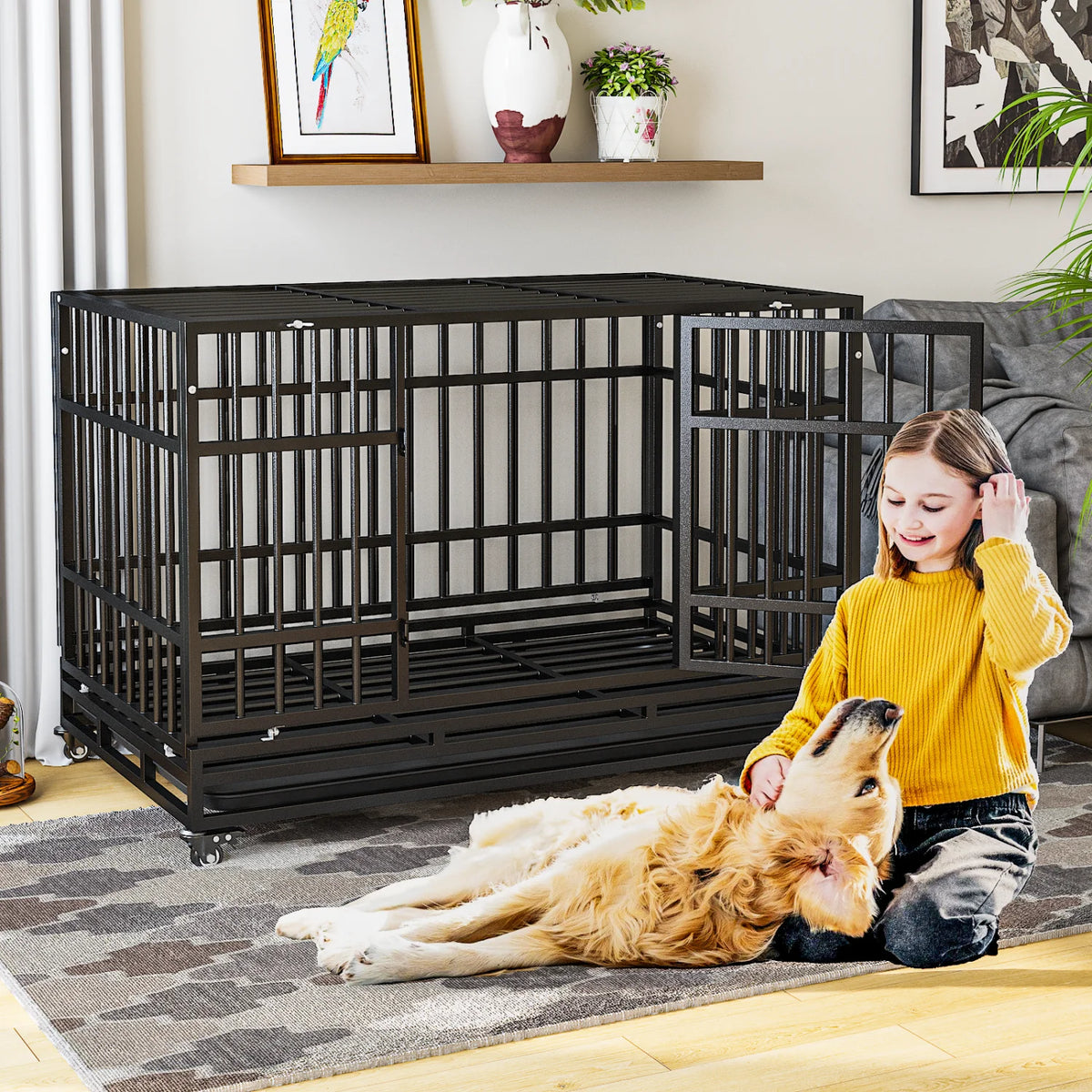 Heavy Duty Steel Dog Crate With Double Doors And Removable Tray