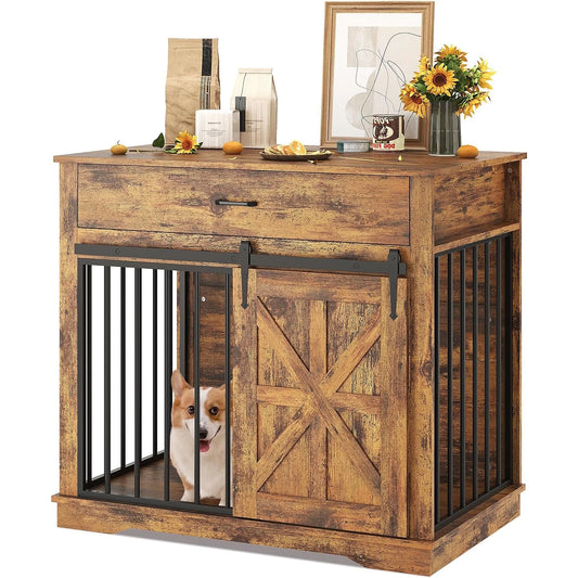HiMISS Rustic Dog Crate Kennel End Table With Barn Door