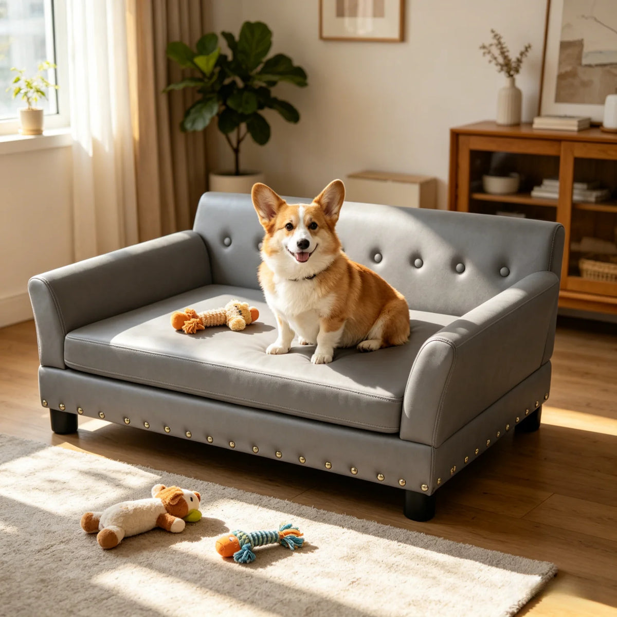 BINGOPAW Elevated Dog Sofa With Microfiber Leather Cover Removable Cushion