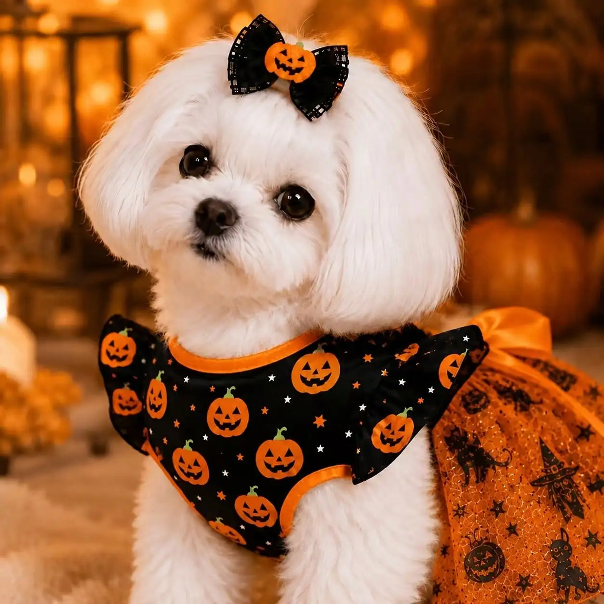 Halloween Pumpkin Print Dog Dress With Bow Breathable Pet Apparel