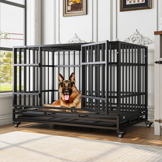 Heavy Duty Steel Dog Crate With Double Doors And Removable Tray
