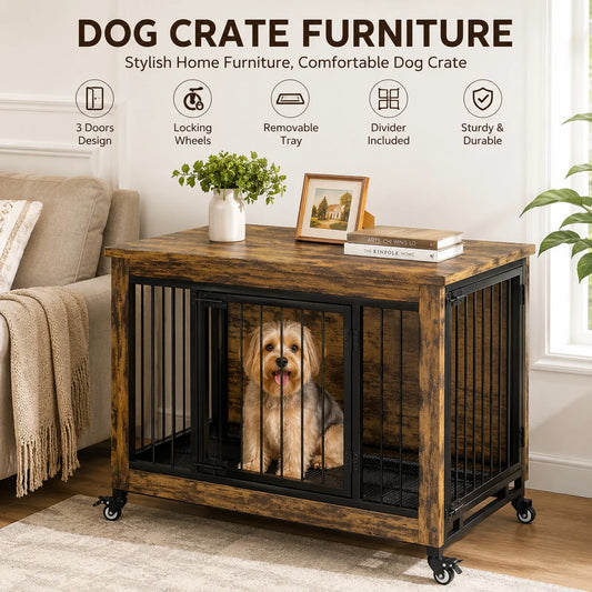 ANIXOL Wooden Dog Crate Furniture With Locking Doors And Removable Tray