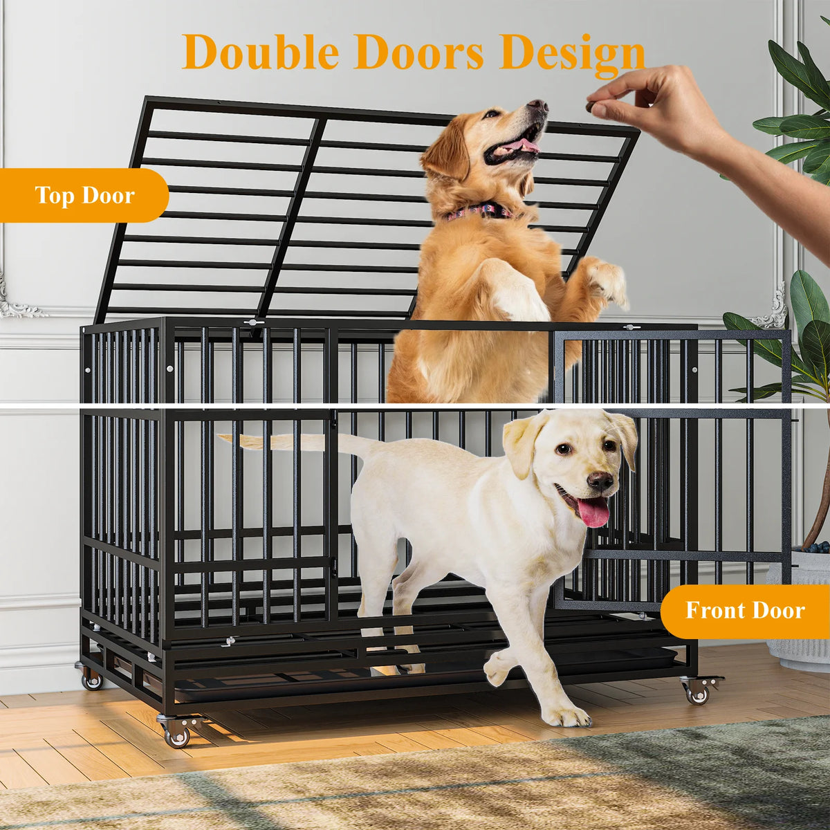 Heavy Duty Steel Dog Crate With Double Doors And Removable Tray
