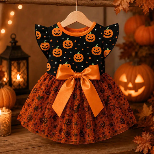 Halloween Pumpkin Print Dog Dress With Bow Breathable Pet Apparel