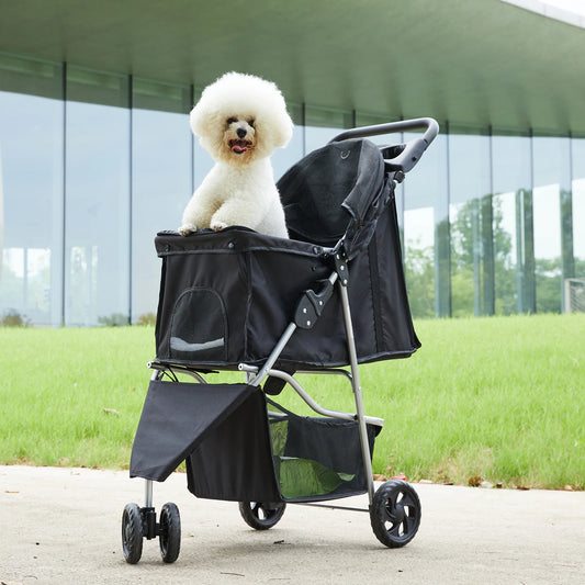 Foldable Three Wheel Pet Stroller With Cup Holder And Basket