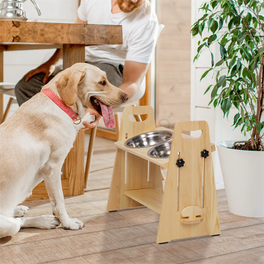Height Adjustable Elevated Dog Bowl Stand With Stainless Steel Bowls