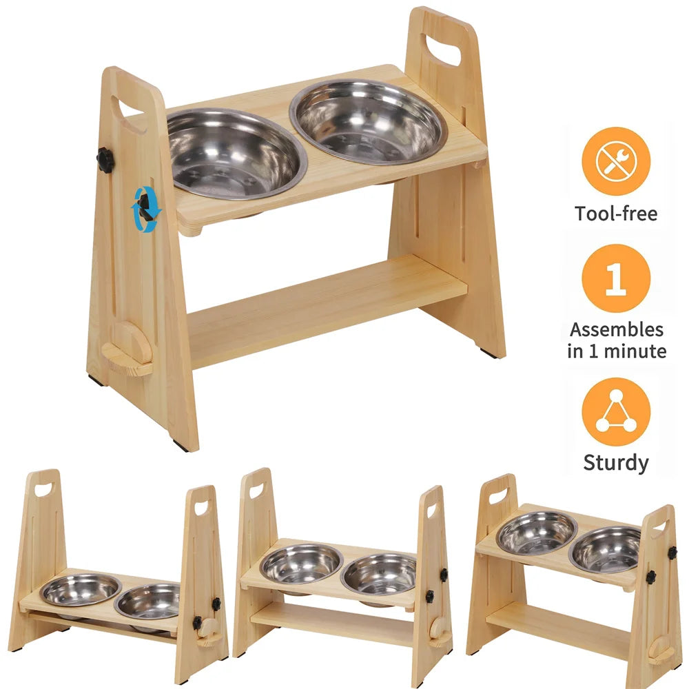 Height Adjustable Elevated Dog Bowl Stand With Stainless Steel Bowls