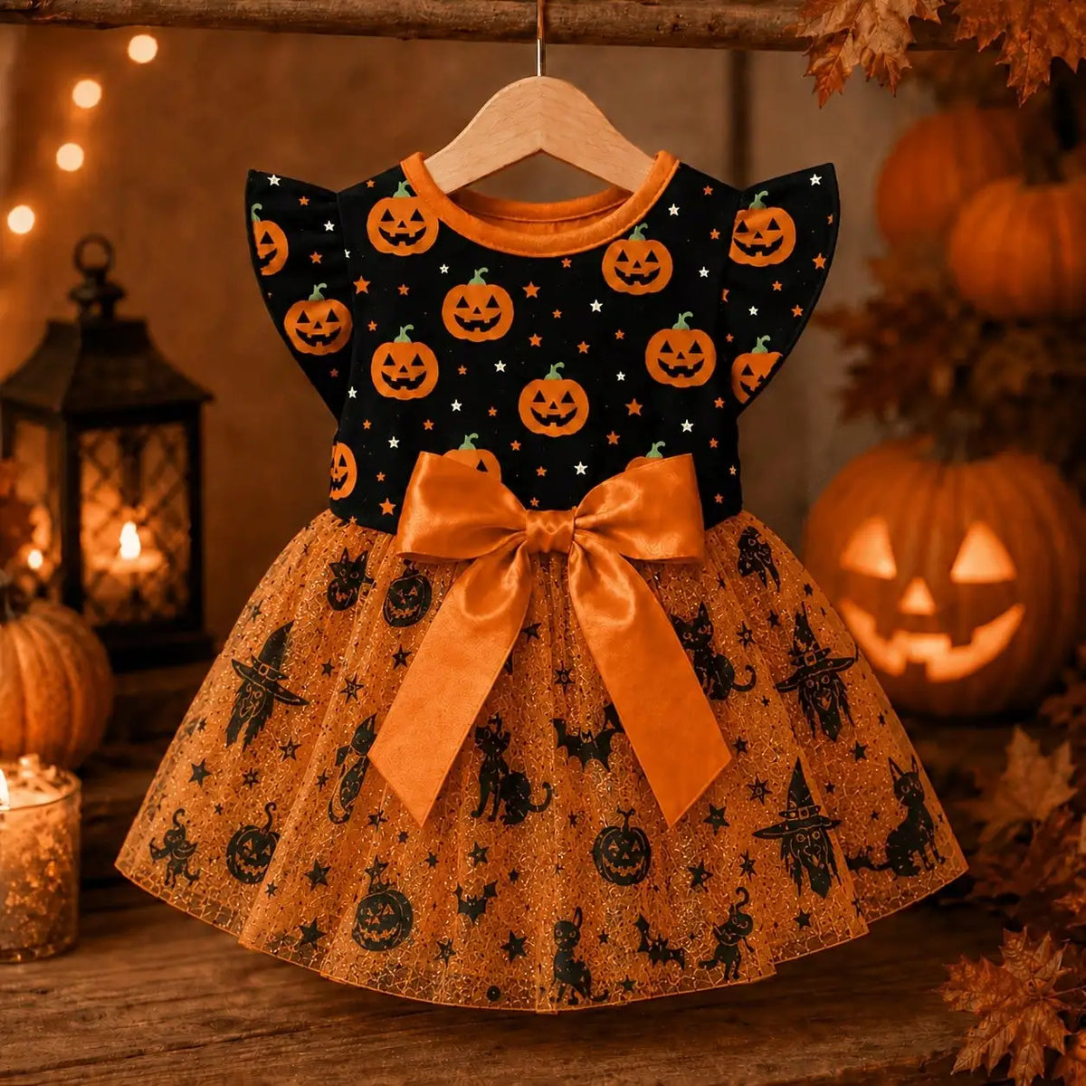 Halloween Pumpkin Print Dog Dress With Bow Breathable Pet Apparel