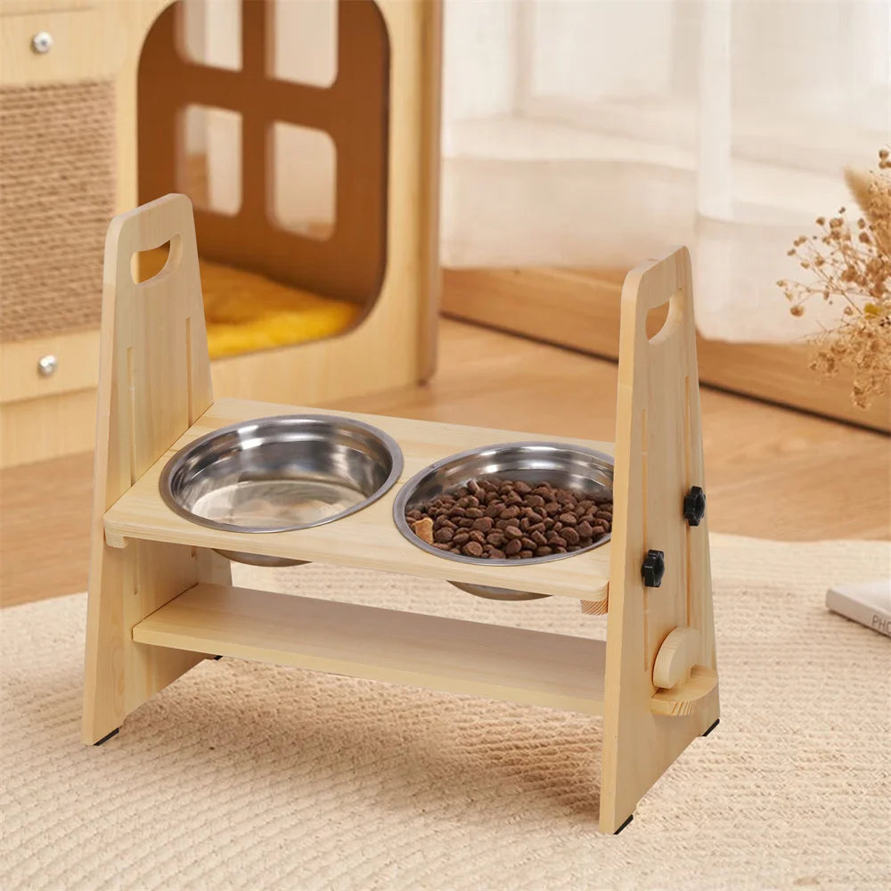 Height Adjustable Elevated Dog Bowl Stand With Stainless Steel Bowls