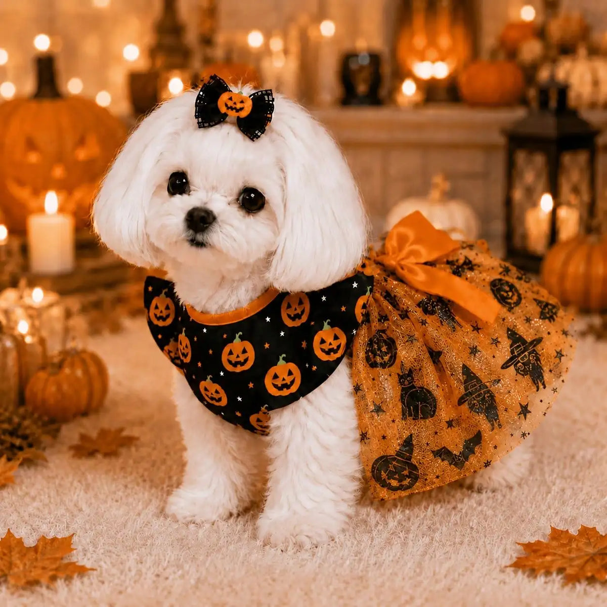 Halloween Pumpkin Print Dog Dress With Bow Breathable Pet Apparel